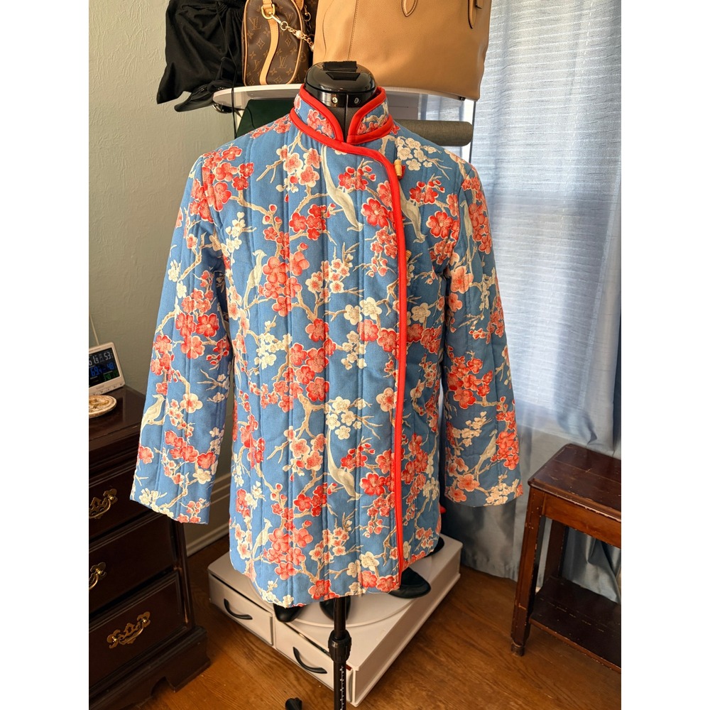 Sears Quilted Jacket 14 Blue Cherry Blossom Mandarin Chinoiserie Vintage 70s